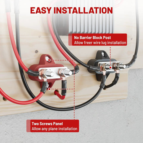 Heavy Duty 12 Volt 100 Amp Power Distribution Block With Dual Quarter Inch M6 Stud Busbar installed on wall with wiring.