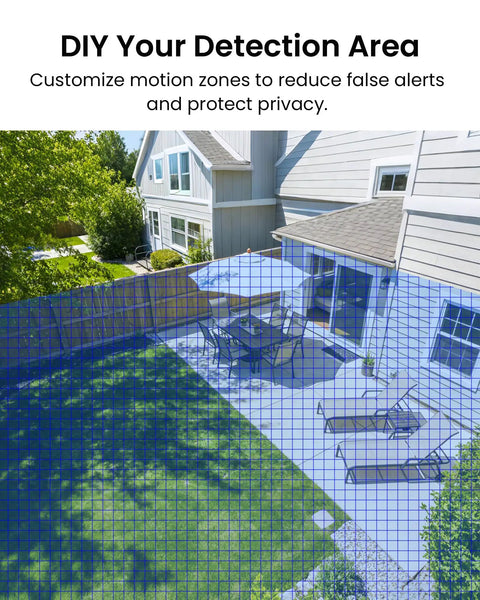 DIY detection area on security camera system screen overlaying a patio for the 3K Lite Wired Security Camera System With AI Human And Vehicle Detection, 8 All Weather Cameras For Indoor And Outdoor Use, H265 Plus 8 Channel DVR, No Monthly Fees, Remote Access, No Hard Drive Included, Easy Setup And Local Recording.