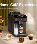 Smart Automatic Espresso Maker With Built In Burr Grinder And Dual Milk Frother One Tap Super Coffee Brewer on counter with various drinks.