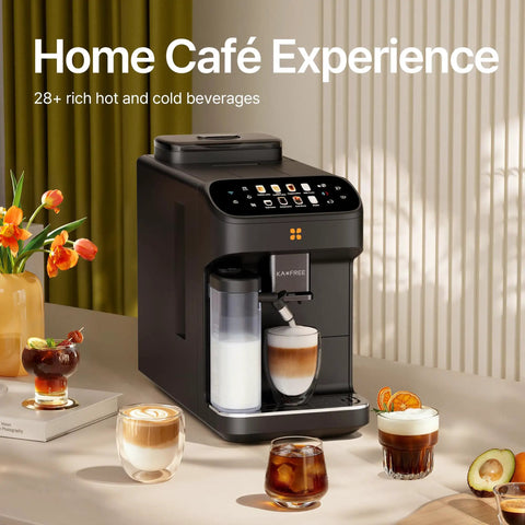 Smart Automatic Espresso Maker With Built In Burr Grinder And Dual Milk Frother One Tap Super Coffee Brewer on counter with various drinks.
