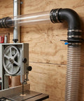 Heavy Duty 4 Inch Dust Collection Fitting Kit For Woodshop includes elbow and flex cuffs connected to bandsaw.