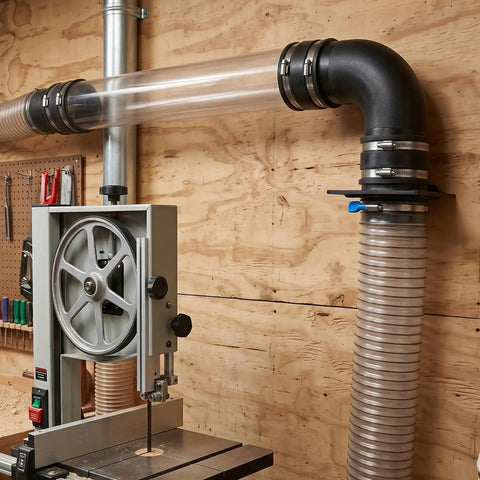 Heavy Duty 4 Inch Dust Collection Fitting Kit For Woodshop includes elbow and flex cuffs connected to bandsaw.