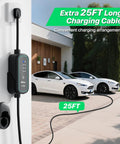 40A Level 2 EV Charger With J1772 Connector Portable Mobile Electric Vehicle Charger 16 40A Adjustable NEMA 14 50 Plug 25ft Cable 240V Nine Point Six Kilowatts Fast Charging On The Go in use with two cars in driveway with 25ft cable in focus.