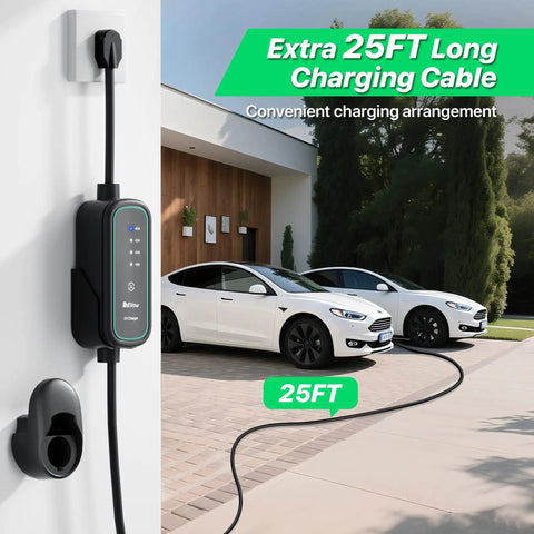 40A Level 2 EV Charger With J1772 Connector Portable Mobile Electric Vehicle Charger 16 40A Adjustable NEMA 14 50 Plug 25ft Cable 240V Nine Point Six Kilowatts Fast Charging On The Go in use with two cars in driveway with 25ft cable in focus.