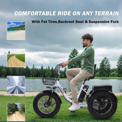 Electric Tricycle For Adults With Fat Tire Folding 20x4 Inch Wheels, 750W 48V E Trike, rider on white three-wheel cruiser on grass