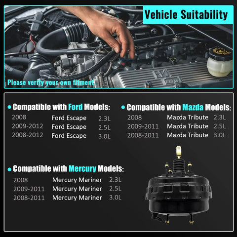 Heavy Duty Vacuum Power Brake Booster For Ford Escape And Mercury Mariner 2008 To 2012 Plus Mazda Tribute shown in vehicle compatibility context.