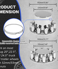 Dimensions of 32 and 33mm lug nut covers for semi trucks and trailers, screw on ABS chrome wheel hub caps kit displayed.
