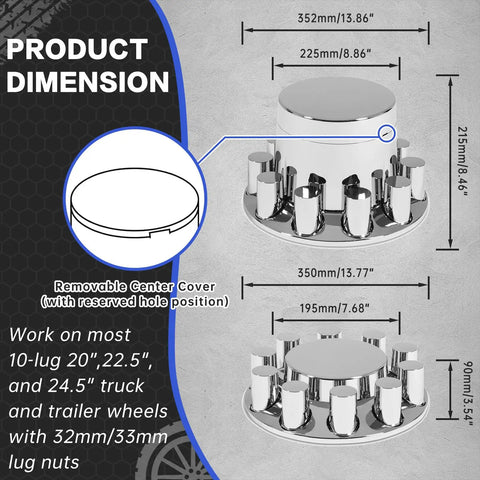 Dimensions of 32 and 33mm lug nut covers for semi trucks and trailers, screw on ABS chrome wheel hub caps kit displayed.