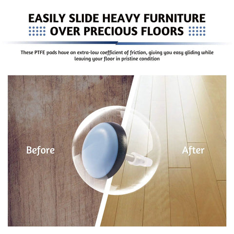 Diagram showing 40 Pack Nail On Furniture Sliders 0.75 Inch Chair Glides Floor Protectors for hardwood floors with before and after effect.