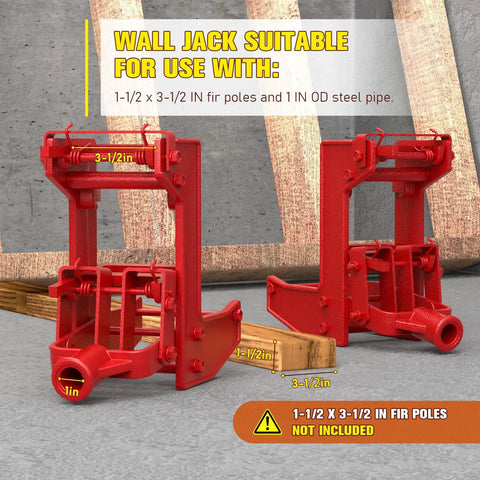 Two Pack Malleable Iron Wall Jacks For Framing Lifting Heavy Beams And Tightening Flooring Compatible With One Inch Steel Pipe Or Standard Wooden Poles, detailed view with size markings.