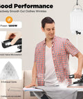 Man using Top Shelf Industrial Steam Iron, Heavy Duty 1000W Commercial Press with steam and precision tip on a garment.