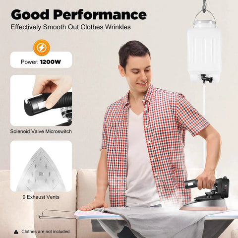 Person using Pro Grade 1200W Electric Steam Iron With Gravity-Feed System And Large Water Tank, ironing a shirt