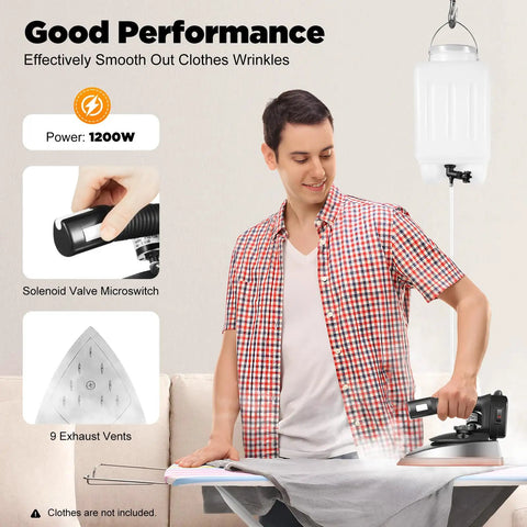 Badass Heavy Duty Industrial Gravity Feed Steam Iron Featuring 1200W Motor And Titanium Soleplate in use on shirt with steam effect.