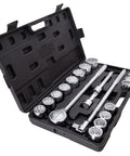 21 Piece 3/4 Inch Drive Socket Set With Case Includes 16 SAE Sockets From 7/8 Inch To 2 Inch 3/4 Inch Ratchet Flex Breaker Bar And Two 4 Inch Extensions Durable Auto Home Maintenance Tool Kit open in a black case