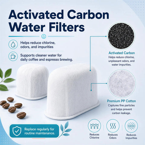 2 Water Filters And 16 Cleaning Tablets For Ninja Luxe Cafe Espresso Machine Replacement Kit Easy Maintenance Solution To Keep Your Coffee Maker Tasting Fresh And Running Smoothly With High Quality Supplies - close-up of two activated carbon filters on a light background.