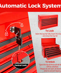 Image of the automatic lock system on a 24 Inch Portable Metal Tool Box With Nine Ball Bearing Drawers And Slick Eva Linings For Sorted Gear Stash A Grab And Go Shop Ready Red Heavy Duty Workhorse For Garage Builds.