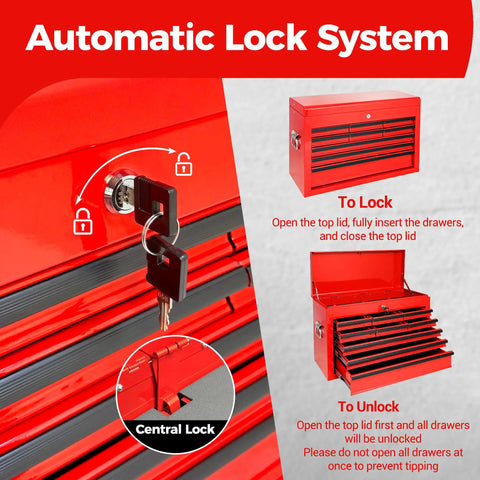 Image of the automatic lock system on a 24 Inch Portable Metal Tool Box With Nine Ball Bearing Drawers And Slick Eva Linings For Sorted Gear Stash A Grab And Go Shop Ready Red Heavy Duty Workhorse For Garage Builds.