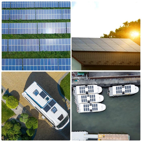 Array of solar panels on roof and boat, ideal for 30A MPPT Solar Charge Controller For 12V/24V Systems With LCD Display