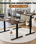 55 Inch By 24 Inches Electric Standing Desk, Height Adjustable Sit Stand Home Office Table With Smooth Motor Touch Controls, Ergonomic Walnut Finish For Better Posture And Comfortable Working, showing adjustable height from 28 to 46.4 inches.