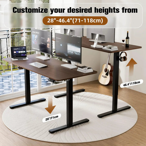55 Inch By 24 Inches Electric Standing Desk, Height Adjustable Sit Stand Home Office Table With Smooth Motor Touch Controls, Ergonomic Walnut Finish For Better Posture And Comfortable Working, showing adjustable height from 28 to 46.4 inches.