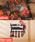 Before and after use of Heavy Duty Power Tool Organizer Wall Shelf For Drill Storage Rack And Tool Box Keeps Hand And Power Tools Within Reach Space Saving Garage Storage Easy Access Durable Rack For Home Workshop