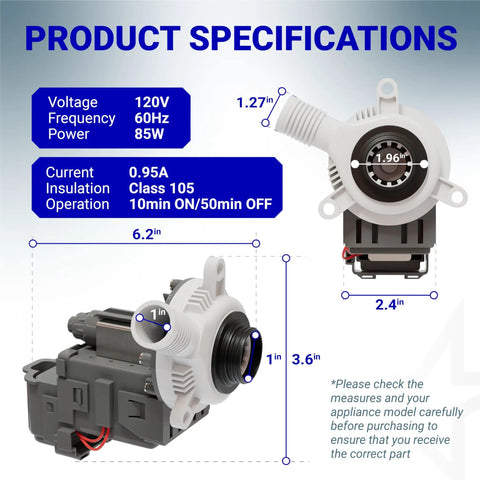 Washer Drain Pump Replacement Drop In W10276397 For Whirlpool Kenmore Maytag Laundry Machines dimensions and specs