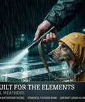 Person holding Compact 3 Mode LED Flashlight With Clip for EDC, Ultra Bright High Lumens Tactical Pen Light in rain with dog wearing coat