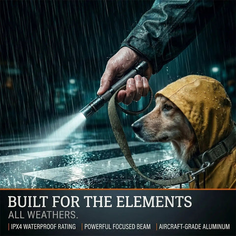 Person holding Compact 3 Mode LED Flashlight With Clip for EDC, Ultra Bright High Lumens Tactical Pen Light in rain with dog wearing coat