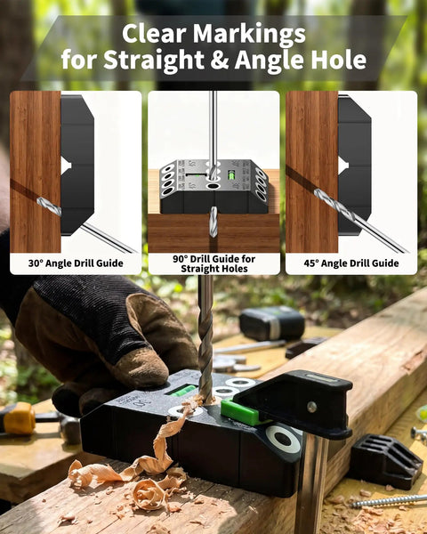 Multi Angle Cable Railing Drill Guide Jig With Built In Bubble Level For Deck Posts And Stair Railings showing 30°, 45°, 90° angle guides.
