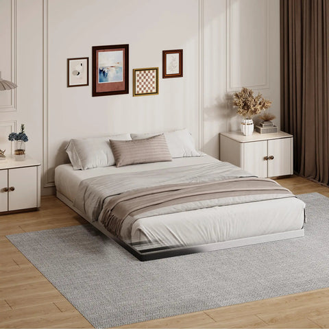 King Size 2 Inch Low Profile Box Spring Heavy Duty Bunkie Board Mattress Foundation With Fabric Cover in modern bedroom setting.