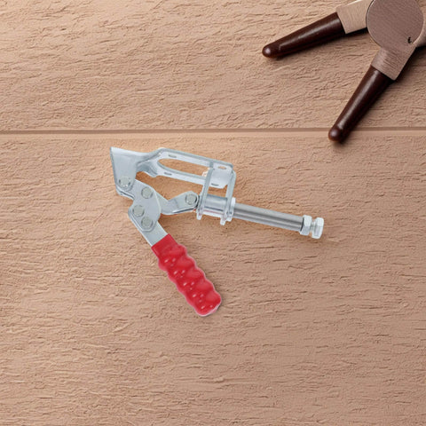 Heavy Duty Zinc Plated Steel Push Pull Toggle Clamp for woodworking, shown with red handle on wooden background.