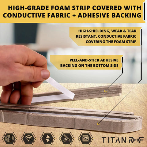 Front view: TitanRF Faraday foam gasket strip, 90 in long, adhesive-backed conductive fabric seal for RF enclosures