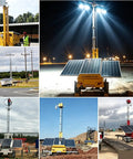 Electric Motorized Telescopic Mast 6.5M Aluminum Broadcast Antenna Pole in various outdoor settings with solar panels.