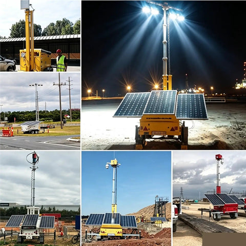 Electric Motorized Telescopic Mast 6.5M Aluminum Broadcast Antenna Pole in various outdoor settings with solar panels.