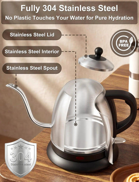 Gooseneck Electric Kettle 1L Stainless Steel Pour Over Teapot For Coffee And Tea BPA Free Fast Heating Auto Shut Off Boil Dry Protection