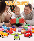 Family with child playing with Safe Pull Back Cars Toy Set For Toddlers Ages 1 2 3 12 Construction Vehicle Cars Play Pack