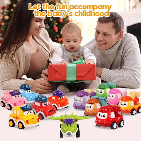 Family with child playing with Safe Pull Back Cars Toy Set For Toddlers Ages 1 2 3 12 Construction Vehicle Cars Play Pack