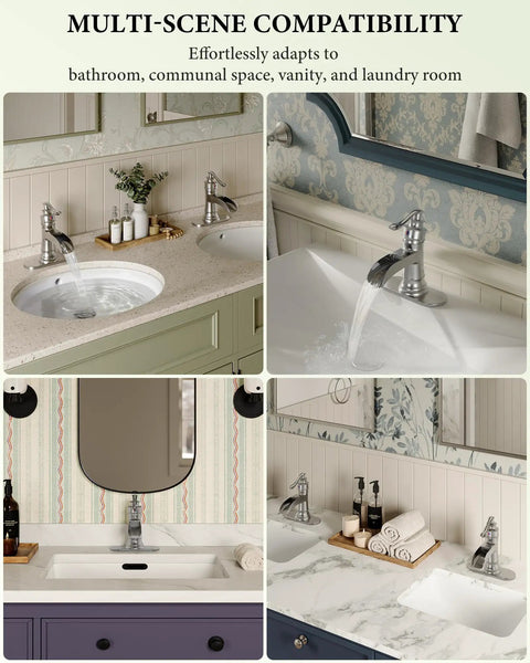 Waterfall Bathroom Faucet In Brushed Nickel Finish Dope Farmhouse Style Vanity Sink Tap demonstrating multi-scene compatibility.