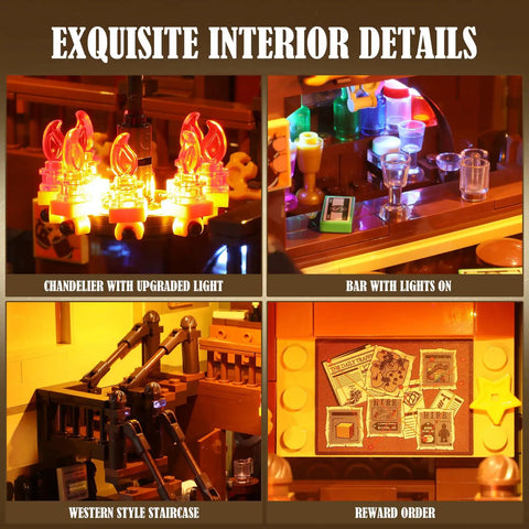 Old West Saloon LED Light Building Block Set With 2026 Pieces For Adults And Teens Western Themed Construction Model Kit To Build The Classic Bar Scene And Light It Up, lit bar interior with chandelier and staircase