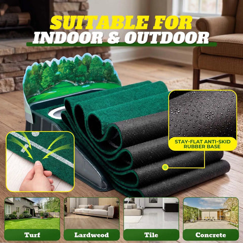 Indoor Golf Putting Mat With Realistic Green Speed And Auto Ball Return Dual Hole Pro Level Practice Mat showing layers and surfaces