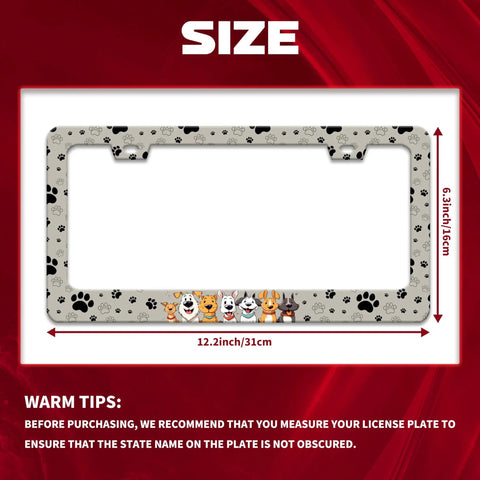 Personalize Dog License Plate Frame With Paw Prints, Stainless Steel Car Decor For US Standard Plates, 12.2 by 6 inches