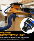 4 Inch To Two And A Half Inch Dust Collection Hose Reducer With Flexible 4 Inch Cuff And Dust Control, installed in woodworking shop