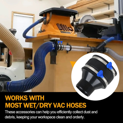 4 Inch To Two And A Half Inch Dust Collection Hose Reducer With Flexible 4 Inch Cuff And Dust Control, installed in woodworking shop