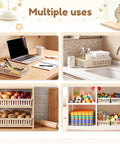 Slick And Solid Plastic Storage Baskets For Classroom Organizing And Teacher Desk Organization Premium Beige Containers shown in multiple uses.