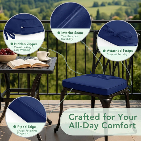 Comfy Outdoor Chair Cushions Set Of 4 Waterproof Patio Cushions With Removable Covers 17 X 16 Inches Non Slip D Shaped 2 Inch Thick Seat Pads For Garden Yard Porch Navy Blue on black metal chair with scenic background