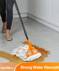 Heavy Duty Commercial Floor Mop With 55 Inch Handle And Three Interchangeable Heads Ultra Absorbent Cotton Loop in use on tile floor.