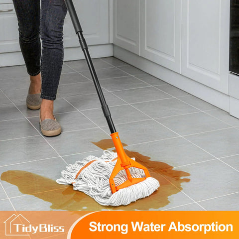 Heavy Duty Commercial Floor Mop With 55 Inch Handle And Three Interchangeable Heads Ultra Absorbent Cotton Loop in use on tile floor.