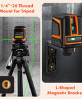 Rechargeable Self Leveling Laser Level With Green Cross Lines mounted on tripod and L-shaped magnetic bracket