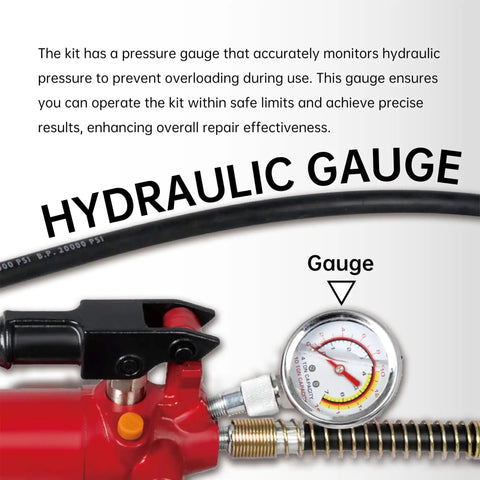 Hydraulic gauge on 4 Ton Porta Power Hydraulic Jack Auto Body Frame Repair Kit 18 Piece Set With Blow Mold Carrying Case And Gauge