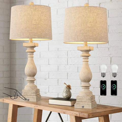 27 Inch Farmhouse Black Table Lamp Set Of Two With USB A And USB C Ports For Bedroom And Living Room, showing dimmable control